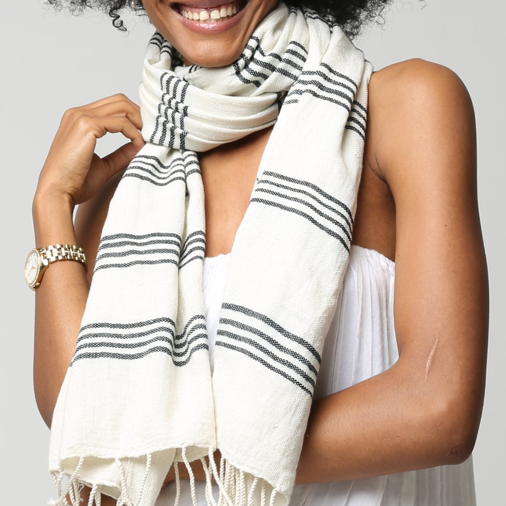
                  
                    Unveil the Adey Black Stripe Scarf - your stylish winter essential for warmth and elegance. Crafted from 100% Cotton for ultimate comfort, it's lightweight and showcases exquisite contrast at both ends. Perfect for staying cozy in style! #BlackFridayFashion #WinterEssentials #ScarfStyle #HandmadeFashion #StayWarmLookStylish #LimitedTimeOffers #GetItFirst #ShopSmart #UnbeatablePrices #Mensscarf #womenscarf 
                  
                